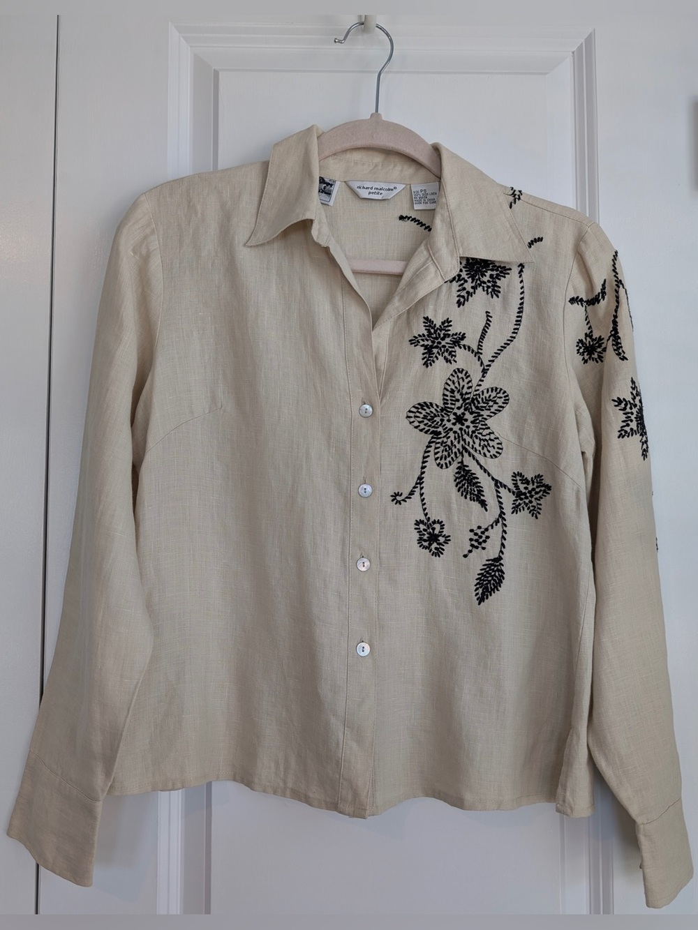 Richard Malcolm 100% Irish Linen Embroidered Floral Button Up Petite Small